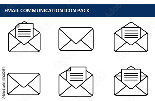 Email communication icons in various states. Simple, outline icons of email envelopes with documents, ready for use in digital applications.