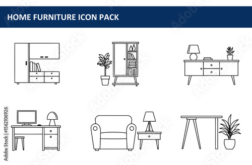 Home furniture icons for interior design inspiration. Various pieces of home furnishings in a modern, minimalist style.