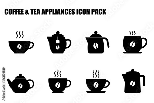 Coffee and tea appliance icons set in a simple, black and white design. Silhouettes of various coffee and tea-making equipment are displayed in an organized grid format.