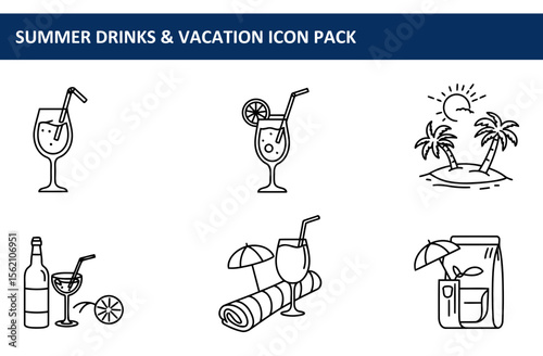 Summer drinks and vacation icons featuring beverages, beach umbrellas, and tropical settings.