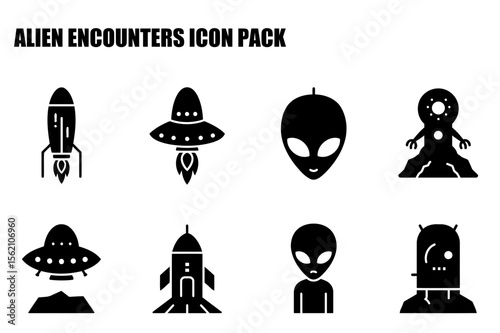 Black and white alien encounter icons in various poses and settings. Silhouettes of spaceships, aliens, and extraterrestrial beings in a variety of actions/poses and locations.