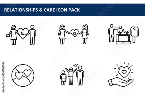 Relationships and care icon pack depicting diverse interpersonal connections.