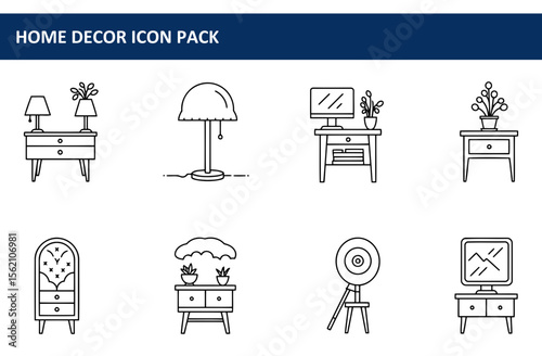 Home decor icons featuring various furniture pieces in a modern style. Simple line drawings of lamps, nightstands, desks, and other interior design elements.