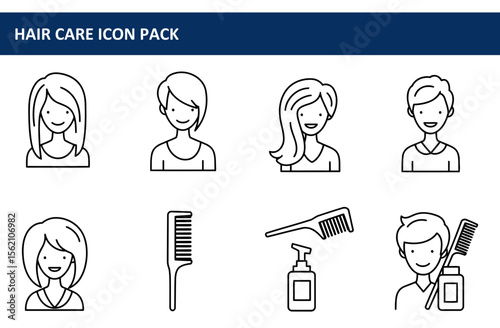 Line art illustrations of diverse hairstyles and hair care items. Simple figures with various hair types, combs, and bottles of hair products are depicted in a clean, graphic style.
