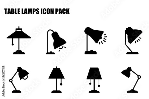Table lamps of various styles in a simple, minimalist design. Icons of lamps in different shapes and positions for interior design or home decor.