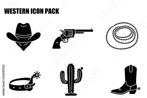 Western icon pack with cowboy hat, gun, rope, spurs, cactus, and boots. Simple black silhouettes of western items in a flat design. A collection of graphic elements for stock use.