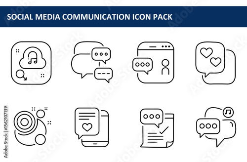 Social media communication icons set with various actions and settings. Collection of black line icons representing different social media interactions in a digital environment.