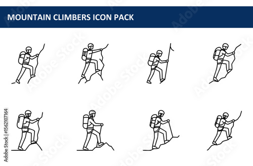 Mountain climbers in various poses on a rocky terrain. Active adventurers in climbing gear ascend challenging mountain slopes. Outdoor enthusiasts in mountain climbing positions.