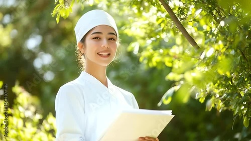 Smiling Japanese nurse in white uniform holding a file folder while standing outdoors with bright green trees in the background nurse outdoors, healthcare professional, medical
