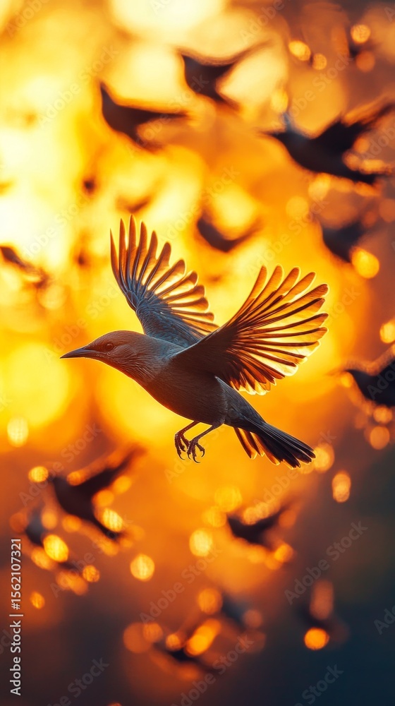 Obraz premium Silhouette of a bird on sunset background with spread wings. Suitable for articles about nature, travel and inspirational social media posts.