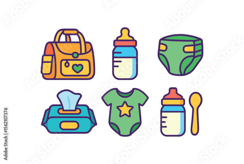 Baby essentials icons: bag, bottles, diaper, wipes, onesie, spoon vector icon isolated illustration