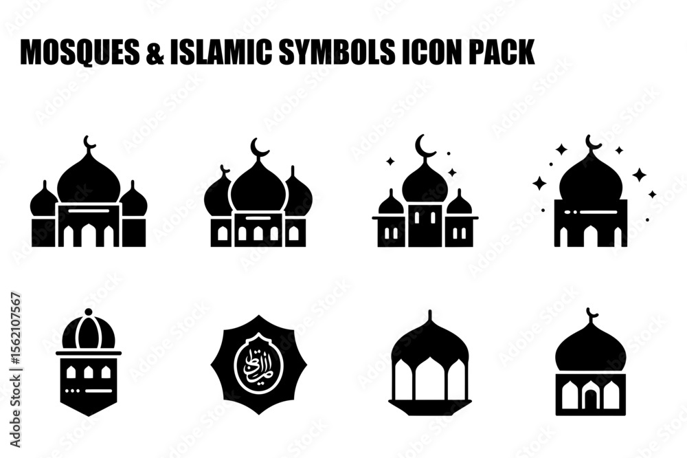 Fototapeta premium Mosque and Islamic Symbols Icon Set. Flat Design