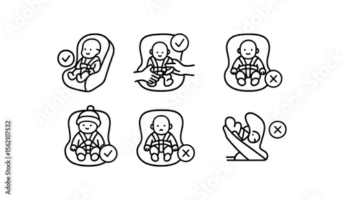 Baby car seat safety guidelines for infants illustrated vector icon isolated illustration