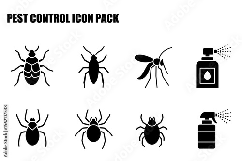 Pest control icons depicting various insects and pest control spray. Simple black silhouettes of common pests in a pest control icon pack.