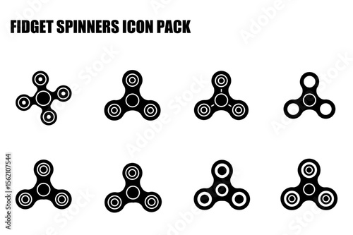 Fidget spinner icons in various designs on a plain white background. Simple, black and white illustrations of fidget spinners in different configurations.