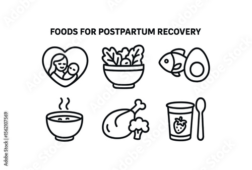 Postpartum recovery foods icon set for new mothers vector icon isolated illustration