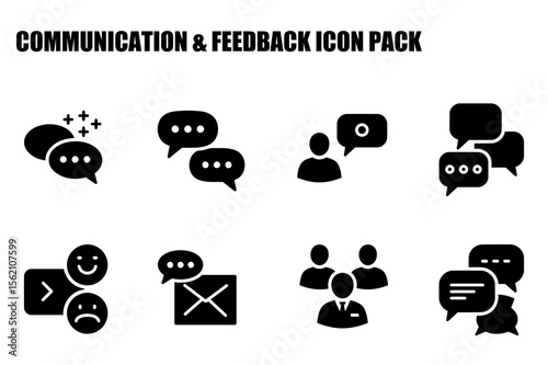 Communication and feedback icons for graphic design. Simple, black and white icons representing various communication methods and feedback.
