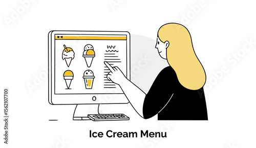 Young woman in casual wear viewing an ice cream menu on a computer screen. She is pointing at a dessert option on the computer display.