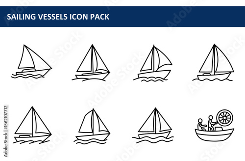 Sailing vessels icon pack depicting various sailing vessel styles in different positions on the water. Simple line art illustrations of sailing vessels with varying views and details.