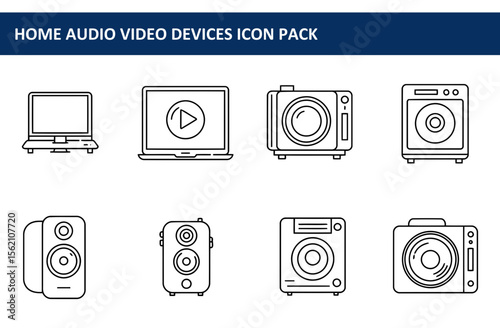 Home audio video devices outline icons in a simple, modern style. Various devices including a computer, laptop, camera, speakers, and a cd player displayed in a grid format.