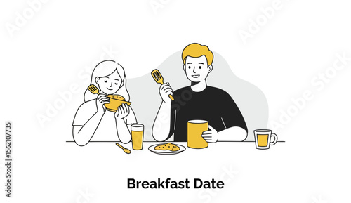 Young couple enjoying a breakfast date at a cafe. Smiling and engaged in conversation while eating breakfast.