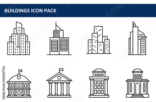 Modern architectural building icons in various styles. Simple, outlined illustrations of skyscrapers and governmental buildings with various architectural designs.