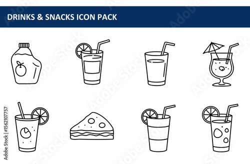 Drinks and snacks icons with various beverages and a sandwich displayed against a plain background.