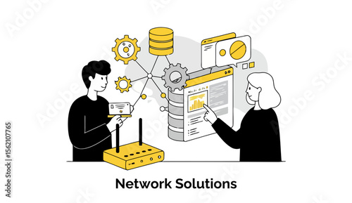 Young professionals collaborating on network solutions in a modern office setting. Both are pointing at a website/data display, demonstrating their expertise in network infrastructure.
