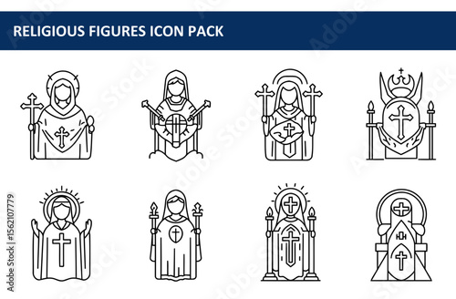 Religious figures icon set in simple line art style. Religious figures in various poses and settings, with a variety of ecclesiastical attire, in a general religious setting.