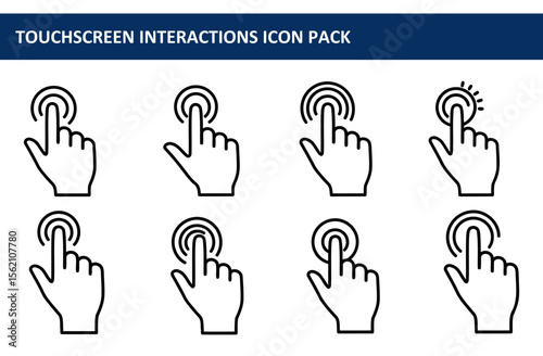 Touchscreen interaction icons, various finger actions on a digital display. Simple, graphic representation of diverse touch gestures, useful for illustrative, educational, and technical contexts.