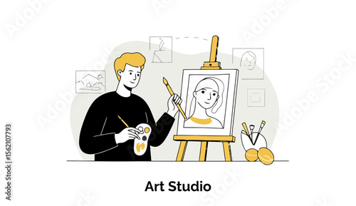 Young male artist painting a portrait in an art studio. Engaged in artistic creation, focused on a canvas.