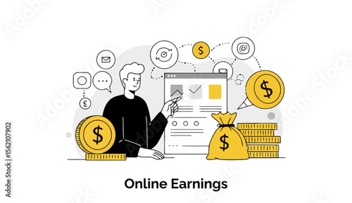 Young man in a black shirt demonstrates online earning opportunities with a computer screen, coins, and a money bag. Modern illustration of earning online with a focus on internet business.