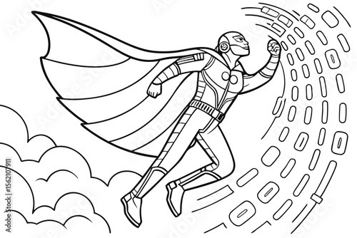 A futuristic cyber hero with digital wings, flying through a stream of data and binary code. Sci-fi theme, for a coloring book, bold outlines, black and white