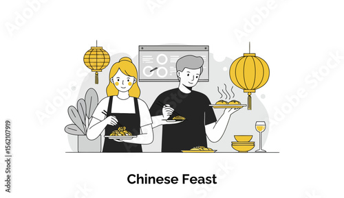 Young adult couple enjoying a Chinese feast, serving food in a restaurant setting. Sharing a meal with traditional Chinese lanterns and serving platters.