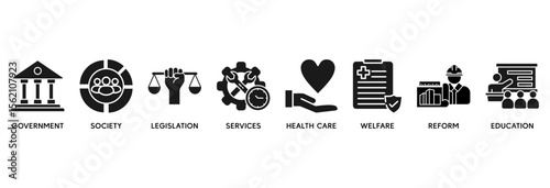 Social policy icon set vector illustration concept relate to government, society, legislation, services, health care, welfare, reform, education