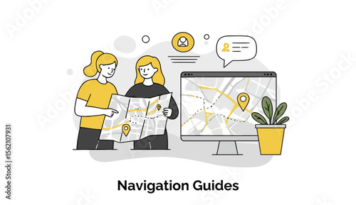 Young women studying a map and digital navigation guide, examining routes and locations. Two female colleagues collaborating on navigation planning in an office setting.
