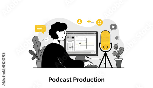 Young adult podcast producer working at home, focused on computer screen displaying audio editing software, with a microphone for recording. Young adult podcast producer in home office environment.