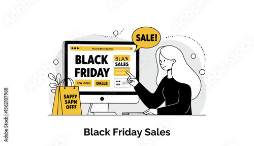 Young woman in casual clothing interacting with a computer screen showcasing Black Friday sales promotions.