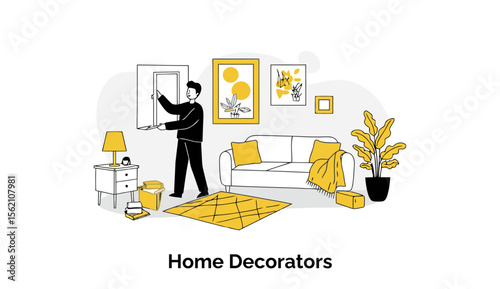 Young adult male home decorator adjusting a door frame in a modern living room. Interior design professional arranging furniture and artwork in a contemporary home setting.