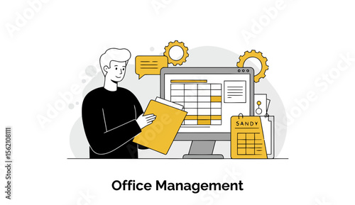 Young adult male in casual attire reviewing office documents on a computer screen with various office management tools.