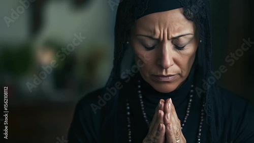 solemn woman dressed in black expresses deep sorrow during a memorial service, clutching prayer beads with closed eyes bereavement, condolence moment, woman grieving, emotional c,solemn woman, dresse
