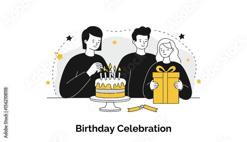 Young adults celebrating a birthday at a casual gathering. Three people in casual wear lighting candles on a birthday cake and presenting a gift.