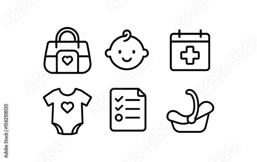 Baby essentials icons - bag, baby, calendar, onesie, checklist, carrier vector icon isolated illustration