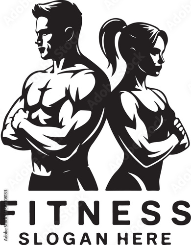 Black and White Fitness Couple Vector Illustration