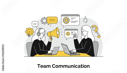 Female colleagues in business attire engaged in team communication at a shared office workstation. Two women collaborating with laptops and a megaphone in a modern office setting.