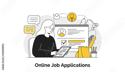 Young woman in casual clothing completing online job application form at home. A female job seeker sits at a desk, attentively reviewing a digital job application.