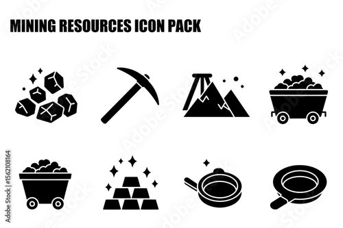 Mining resources icon pack. Flat design illustration of various mining equipment and resources.