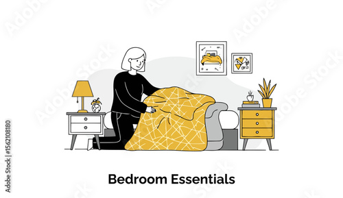 A young woman in a black shirt and jeans arranges a yellow patterned blanket on a bed in a bedroom. Homeowner making bed with modern bedroom decor.