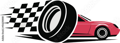 Red Race Car with Tire and Checkered Flag, Vector Illustration