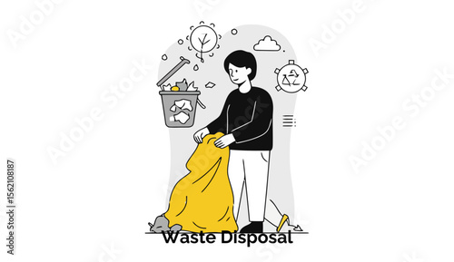 Young adult putting garbage bag into waste bin in a simple, clean setting. Individual engaged in waste disposal task in an office or residential space.